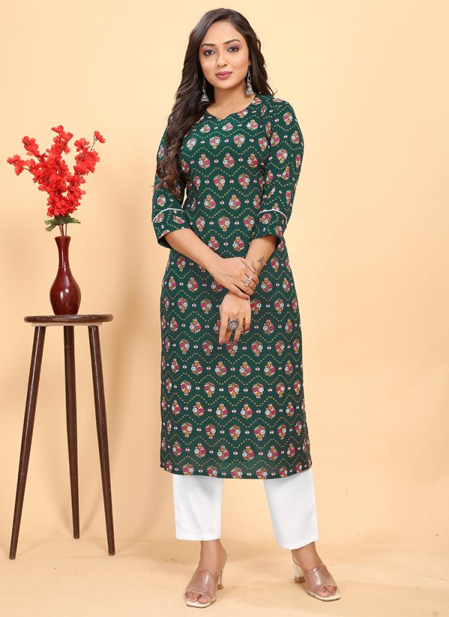 Rayon Green Casual Wear Printed Readymade Kurta WIth Pant